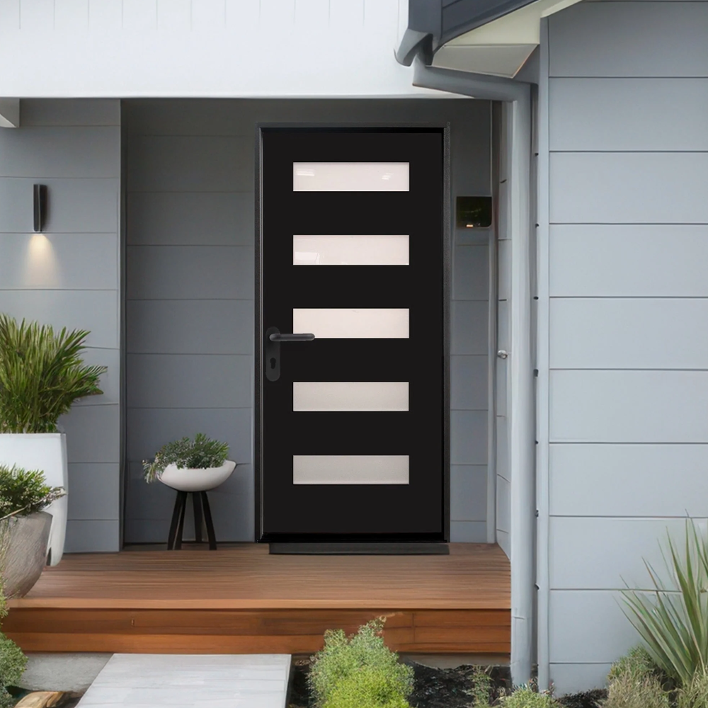 3/0x6/8 Single Prehung Fiberglass Door in Black with 5 Lites