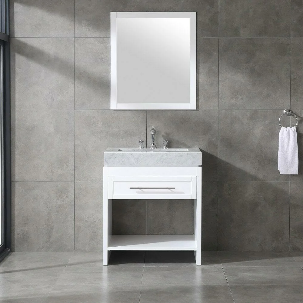 Venetian 30 in Single Sink Bathroom Vanity in White with Carrera White Marble Countertop