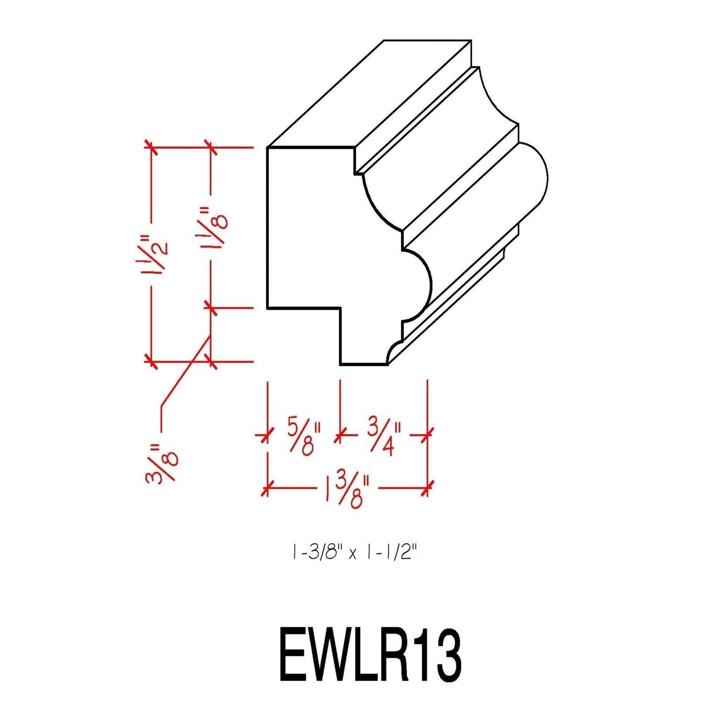 EWLR13 Kitchen Cabinet Light Rail 1-1/2" x 1-3/8" Trim. Unfinished