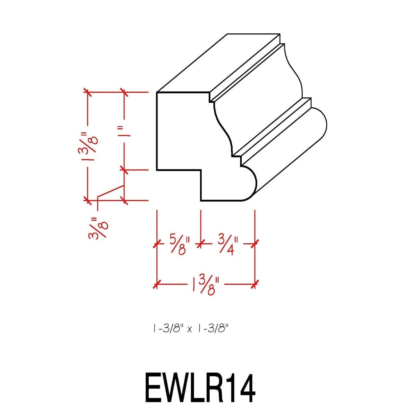EWLR14 Kitchen Cabinet Light Rail 1-3/8" x 1-3/8" Trim. Unfinished
