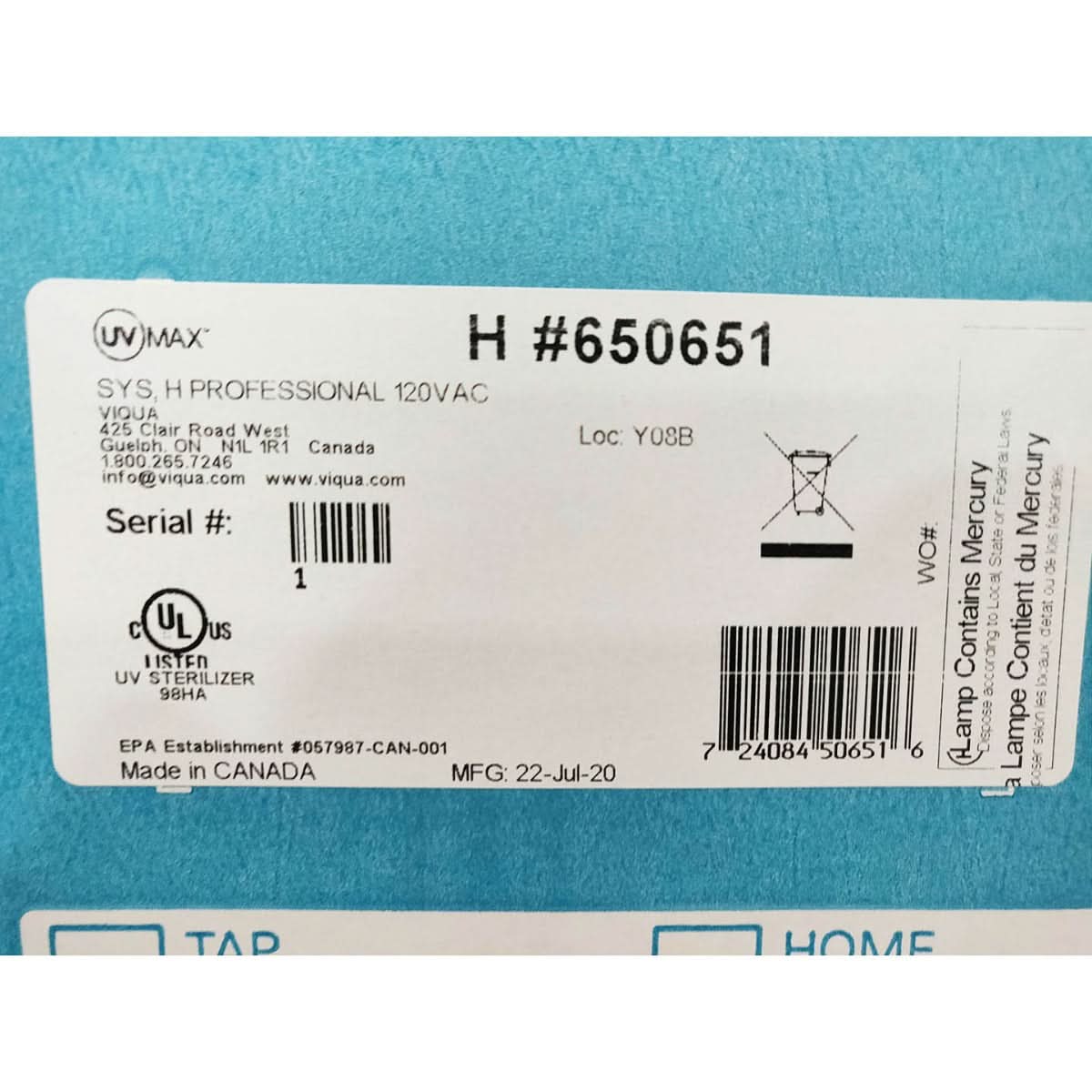 650651 H UltraViolet Water Disinfection System by Viqua