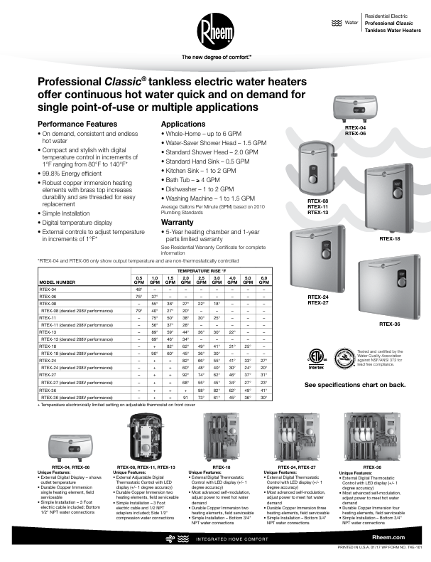 RHEEM RTEX-13 13kw 240v Tankless, Instant Electric Water Heater
