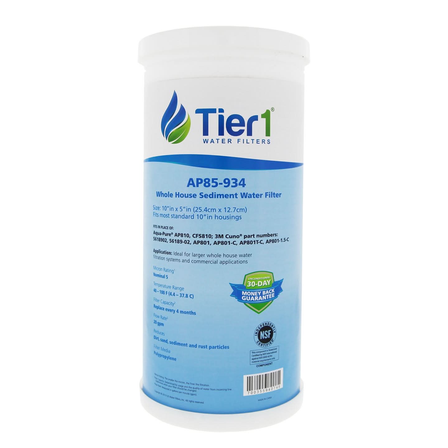 Tier1 10" x 4.5" Spun Wound Sediment Filter, 5 Micron