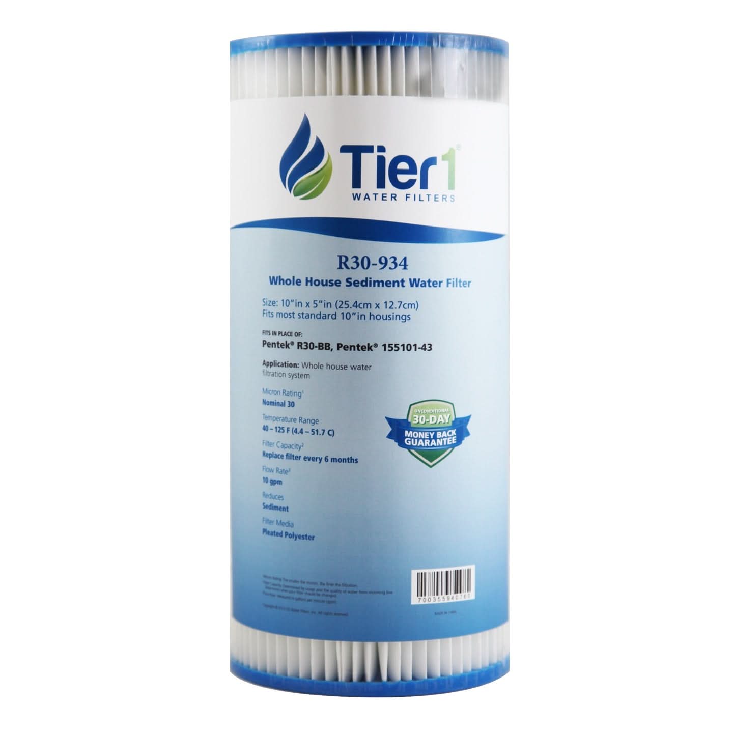 Tier1 Pentek R30-BB 30 Micron Pleated Filter Kit (4.5" x 9-3/4")