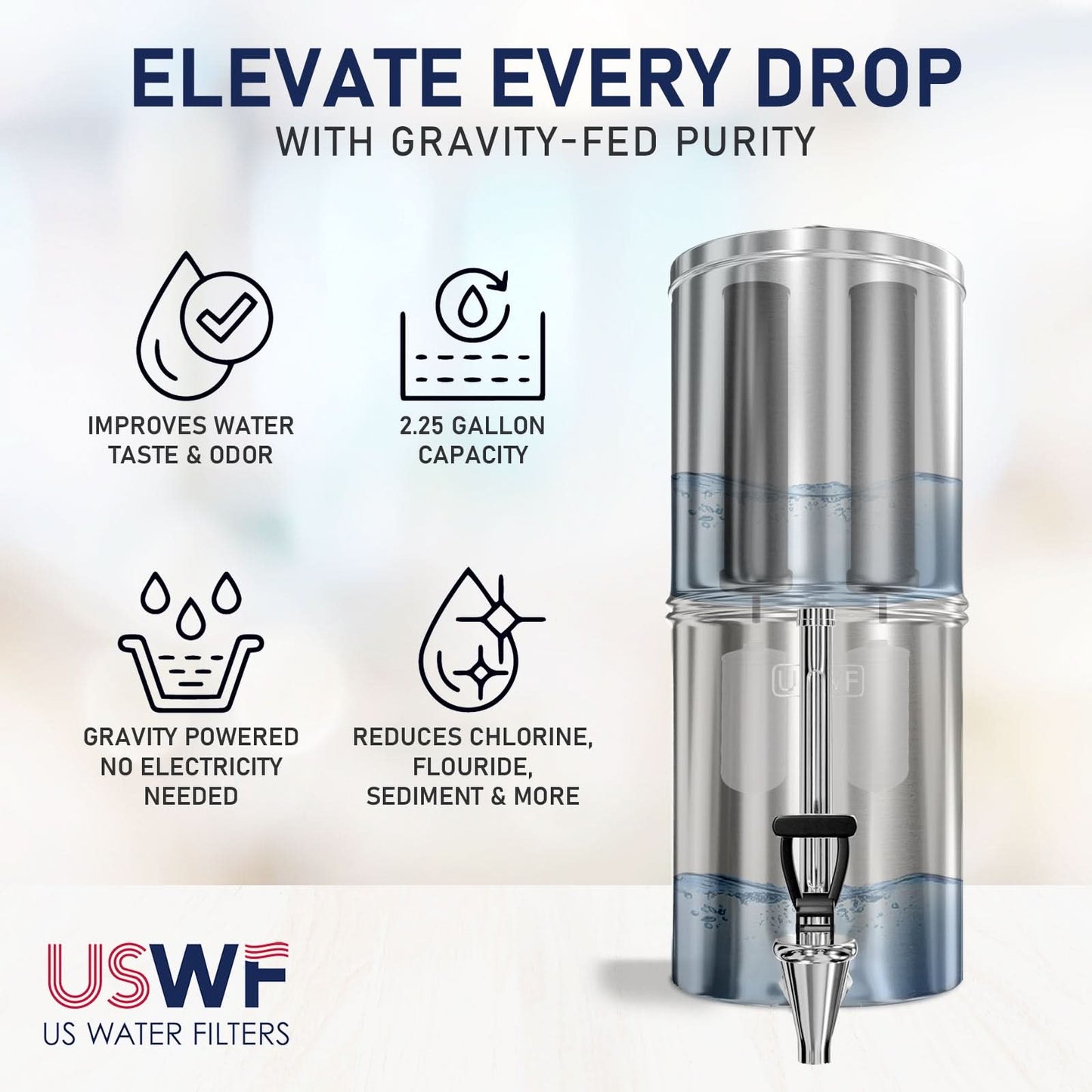 USWF 2.25 Gallon Stainless Steel Gravity Fed Filter System With Fluoride Filtration