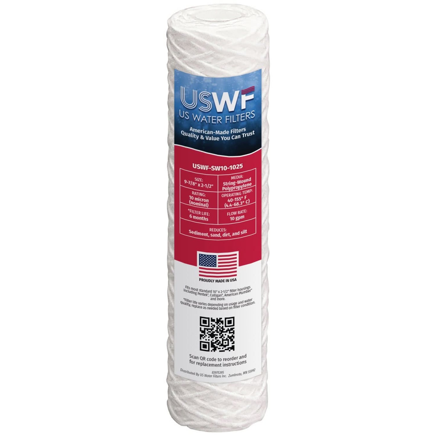 USWF 10" String Wound Sediment Filter, 10 Micron