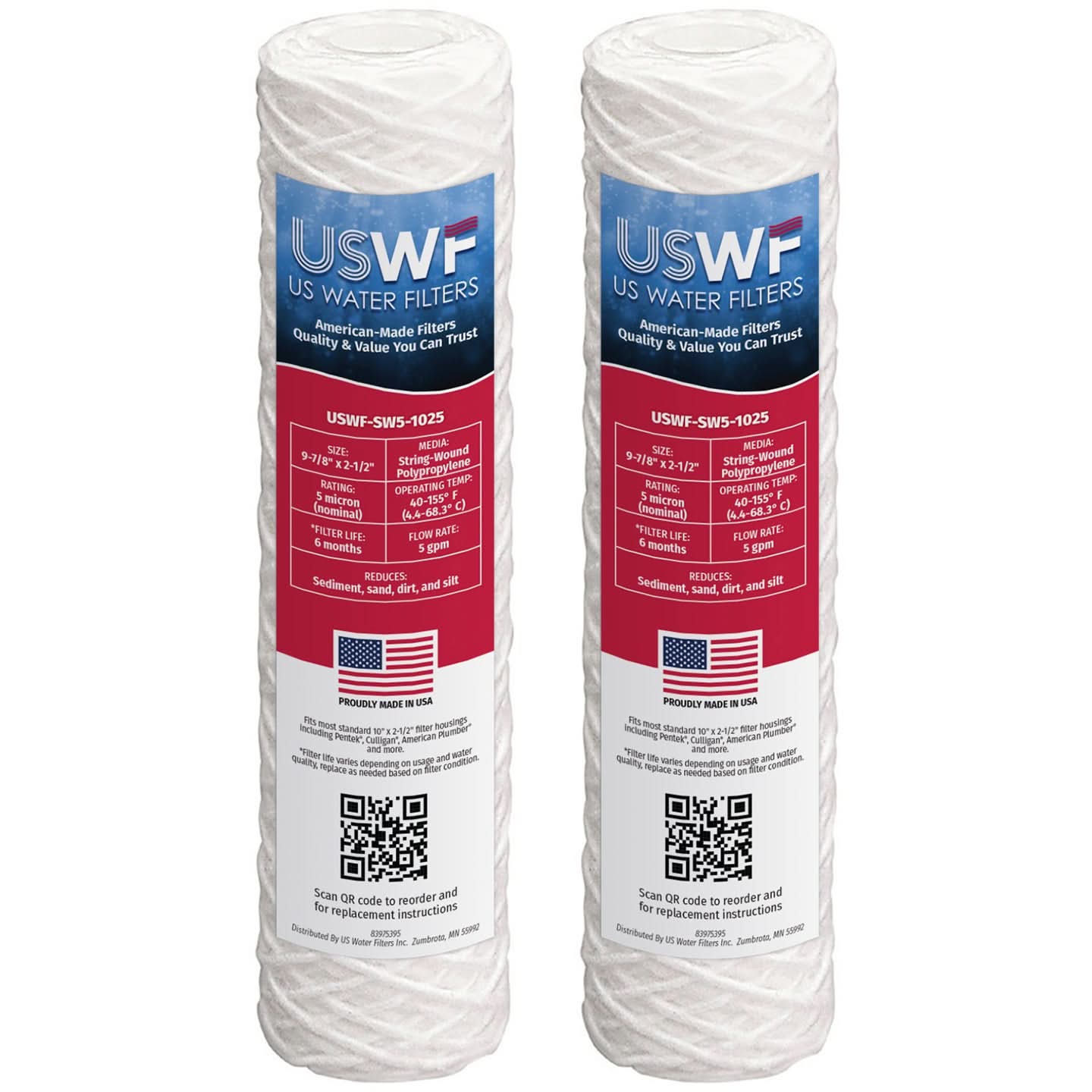 USWF 10" x 2.5" String Wound Sediment Filter, 5 Micron