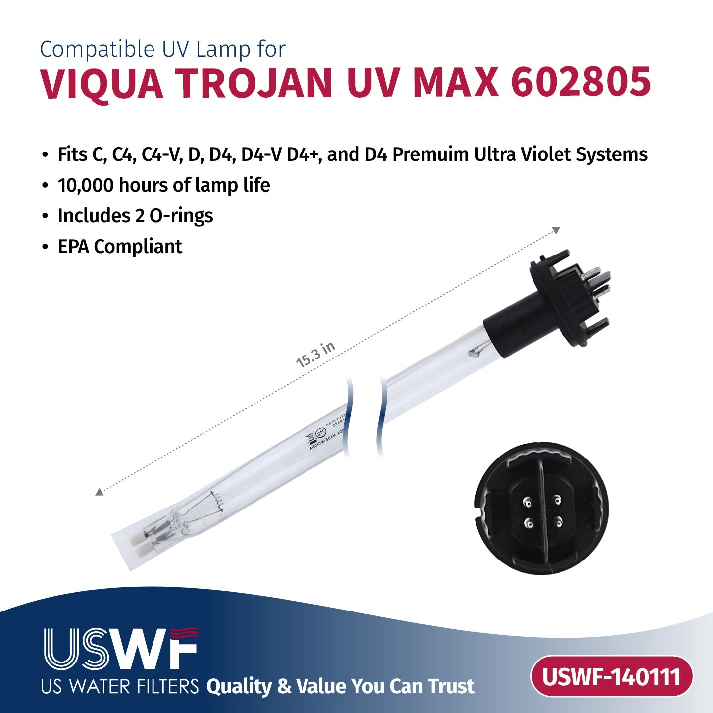 Replacement for VIQUA 602810-102 UV Lamp/Sleeve Combo by USWF | Fits the VIQUA C/C4/D/D+/D4/D4 Premium Series UV Systems